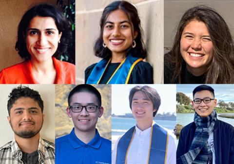from top left and clockwise: headshots of Diba Mirza, Aesha Parekh, Sierra Wang, Alex Mei, Henry Zhang, Eric Yuan, and Siddharth Deshpande
