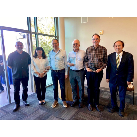 group photo of CS Chair Tevfik Bultan, Dean Tresa Pollock, Emeritus Wim van Dam, Emeritus Ömer Eğecioğlu, Emeritus John Gilbert, Chancellor Henry T. Yang