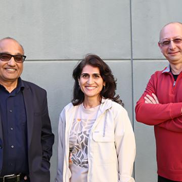 From left: Divy Agrawal, Diba Mirza, Tevfik Bultan. Photograph by James Badham